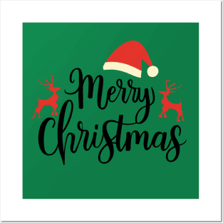 Merry Christmas typography design with reindeer and christmas hat Posters and Art